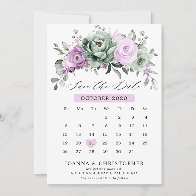 Dusty Lila Sage grüne Aquarellfarbe Blumenzehen Save The Date (Vorderseite)