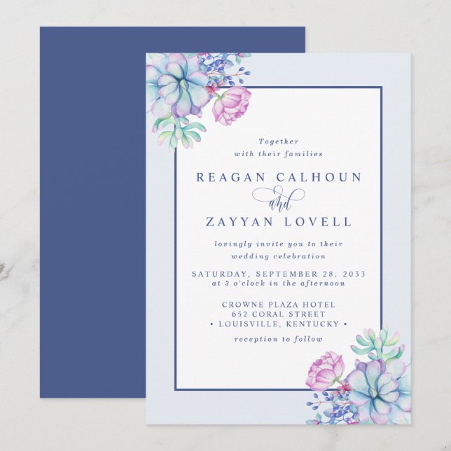 Dusty Lila Succulent Botanical Wedding Einladung (Vorne/Hinten)