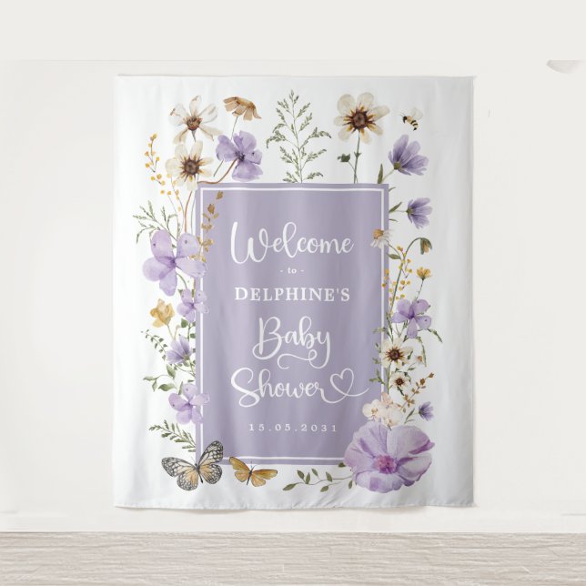 Dusty Lila Wildblume Baby Dusche Willkommen Wandteppich (Vorderseite)