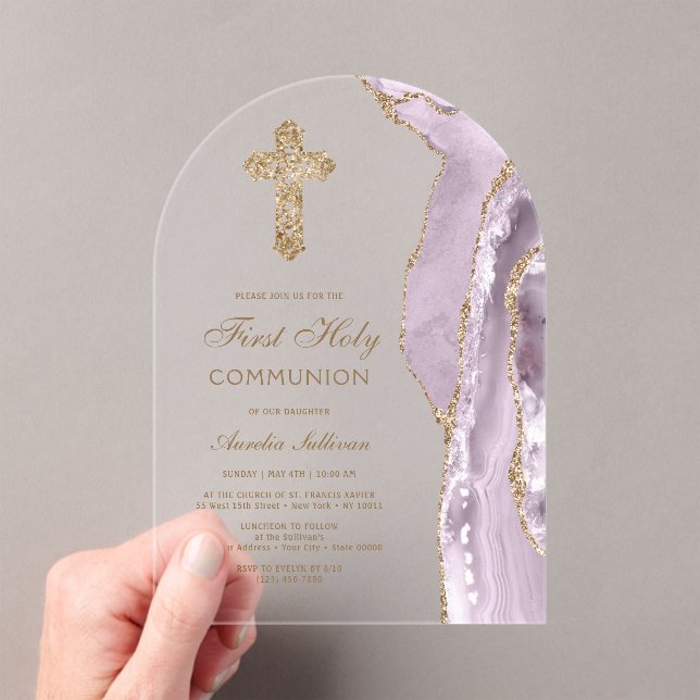 Dusty Lilac Agate First Communion Acryleinladungen (Insitu (Handheld))