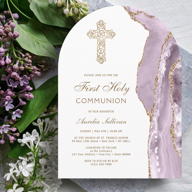 Dusty Lilac Agate First Communion Invitation (Créateur téléchargé)