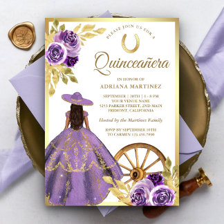 Dusty Lilac Floral Dress Charro Gold Quinceanera Einladung