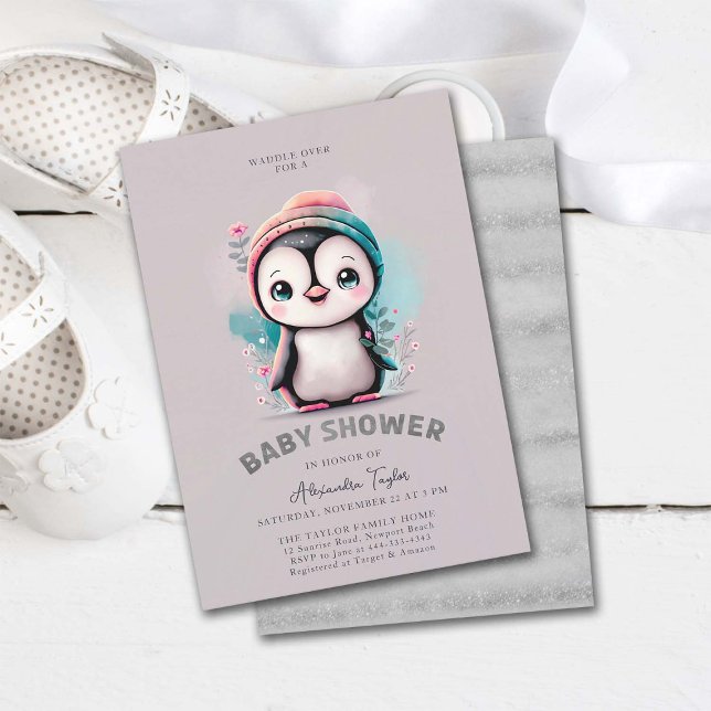 Dusty Lilac Niedlich Pinguin Winter Girl Babydusch Einladung (penguin baby shower invitation girl cute sweet adorable character watercolor winter cold outside)