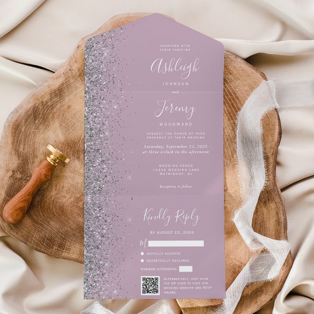 Dusty Lilac Silver Glitter QR Code Wedding All In One Einladung (Von Creator hochgeladen)