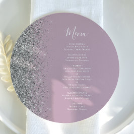 Dusty Lilac Silver Glitzer Round Wedding Menu Menükarte