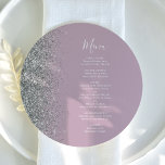 Dusty Lilac Silver Glitzer Round Wedding Menu Menükarte<br><div class="desc">Die links Kulisse dieses eleganten,  modernen Hochzeitsmenüs besticht durch einen silbernen Glitzer-Rahmen mit Imitaten. Der anpassbare Text vereint weiße whimsical-Schrift mit Copperplate-Schriftart auf einem staubigen lila Hintergrund. Auf der Rückseite ist ein passendes Glitzer-Design aus Lila und Silber.</div>