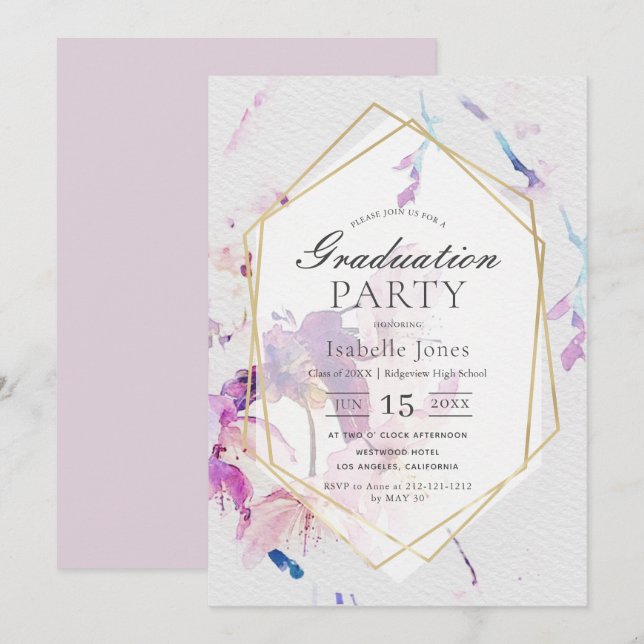 Dusty Lilac Watercolor Abschluss Einladung (Vorne/Hinten)
