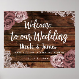 Dusty Mauve Floral Rose Rustic Wood Lace Wedding Poster