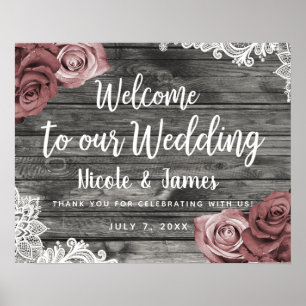Dusty Mauve Floral Rose Rustic Wood Lace Wedding Poster