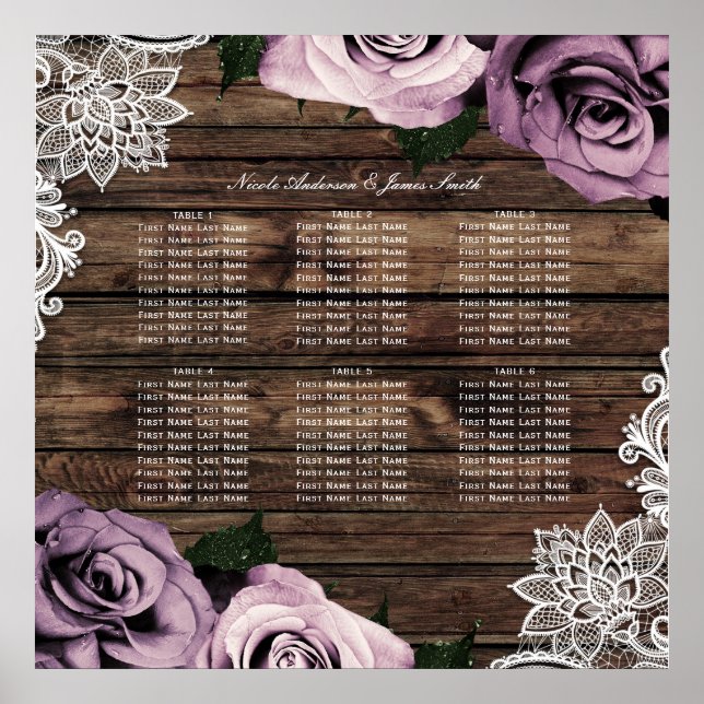 Dusty Mauve Floral Roses Rustic Wood Seating Chart Poster (Vorne)
