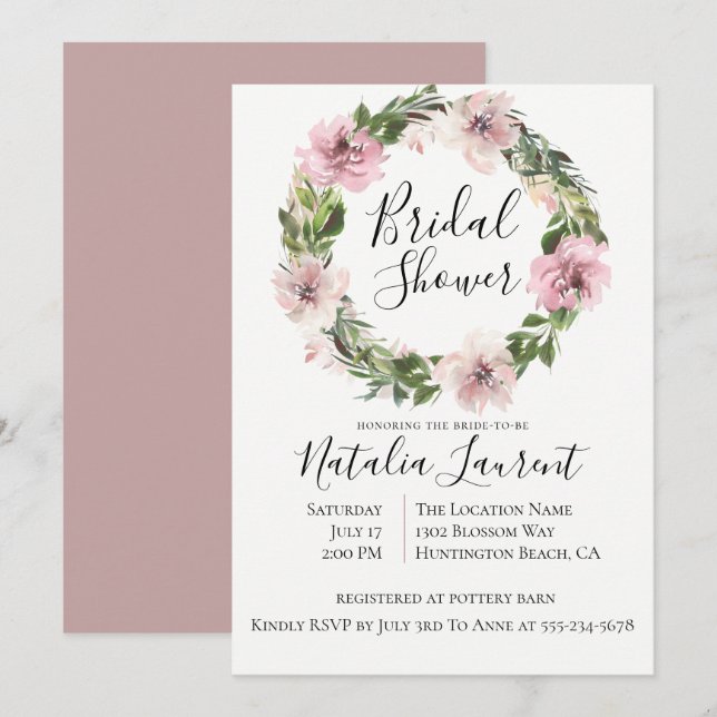 Dusty Mauve Floral Wreath Bridal Show Invitation (Devant / Derrière)