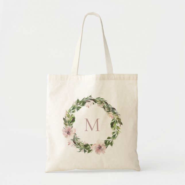 Dusty Mauve Floral Wreath Monogram Tragetasche (Vorne)