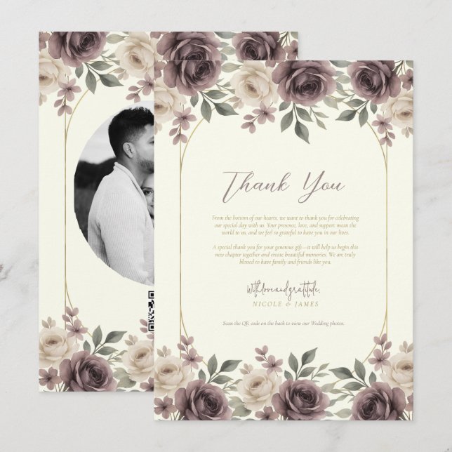 Dusty Mauve & Ivory Bloom Botanical Vielen Dank Einladung (Vorne/Hinten)