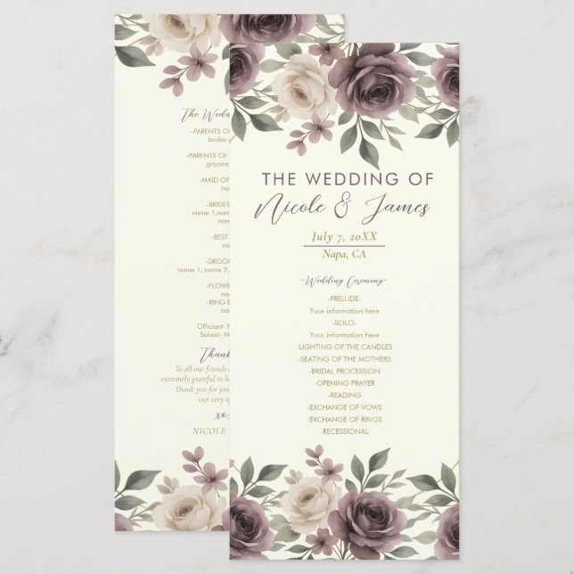 Dusty Mauve Ivory Bloom Botanical Wedding Program Menükarte (Vorne/Hinten)