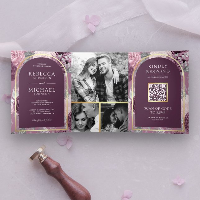 Dusty Mauve Lila Floral Arch QR Code Wedding Dreifach Gefaltete Einladung (Von Creator hochgeladen)
