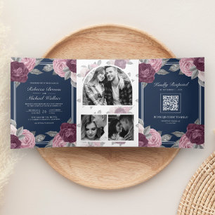 Dusty Mauve Lila Pink Rose QR Code Hochzeit Dreifach Gefaltete Einladung