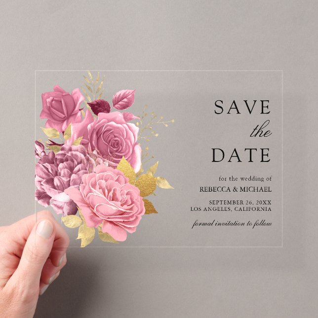 Dusty Mauve Pink Floral Gold Hochzeit Speichern Si Acryleinladungen (Insitu (Handheld))