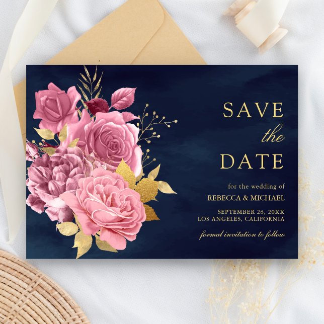 Dusty Mauve Pink Floral Gold Navy Blue Wedding Save The Date (Von Creator hochgeladen)