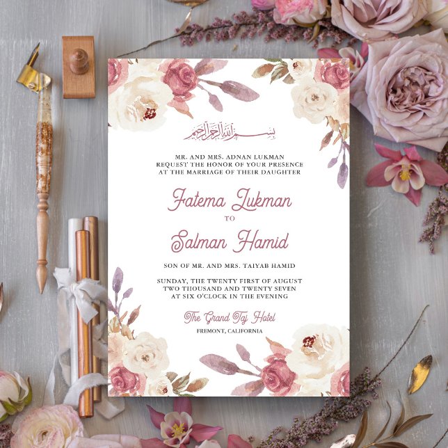 Dusty Mauve Pink Floral Islamische Hochzeit Einladung (Von Creator hochgeladen)