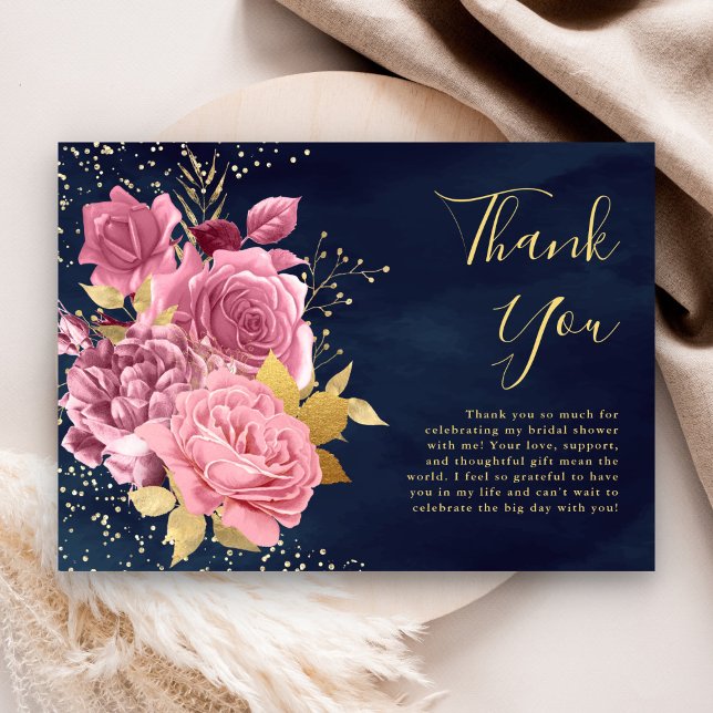 Dusty Mauve Pink Floral Navy Blue Brautparty Dankeskarte (Von Creator hochgeladen)