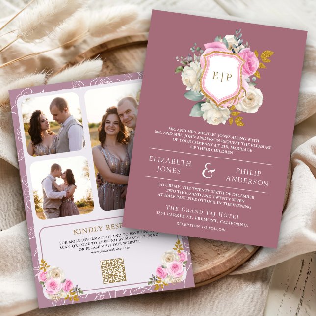 Dusty Mauve Pink Floral QR Wappen Hochzeit Einladung (Von Creator hochgeladen)