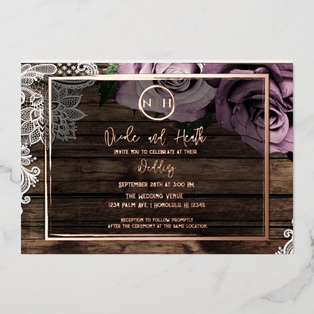 Dusty Mauve Rose Pink Lace Rustikale Hochzeit Folieneinladung (Vorderseite)