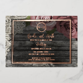 Dusty Mauve Rose Pink Wood Lace Rustikale Hochzeit Folieneinladung