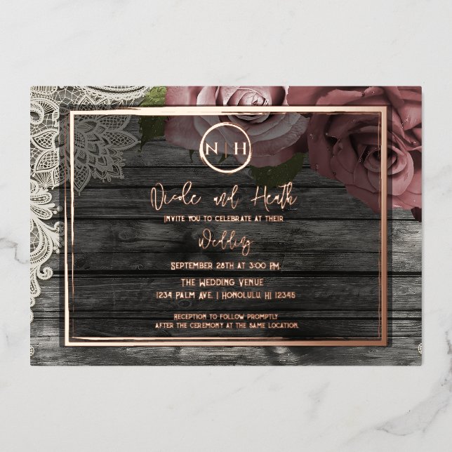 Dusty Mauve Rose Pink Wood Lace Rustikale Hochzeit Folieneinladung (Vorderseite)