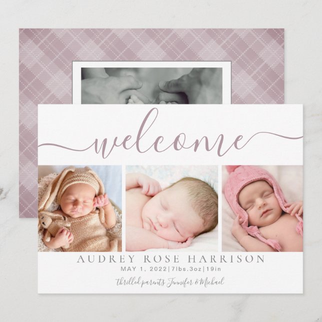 Dusty Mauve Welcome Baby Foto Collage Birth Ankündigung (Vorne/Hinten)