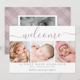 Dusty Mauve Welcome Baby Foto Collage Birth Ankündigung
