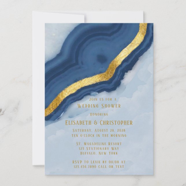 Dusty Navy Blue & Gold Agate Polterabend Einladung (Vorderseite)