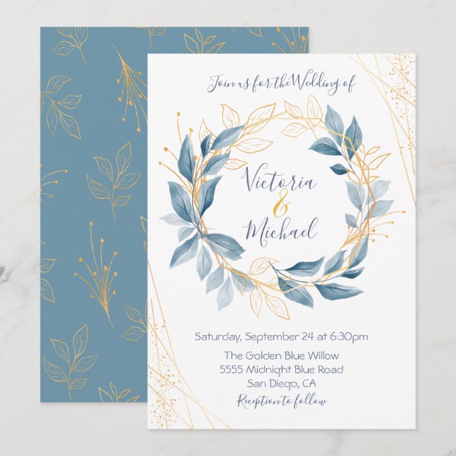 Dusty Navy Blue & Gold Blätter Hochzeit Einladung (Vorne/Hinten)