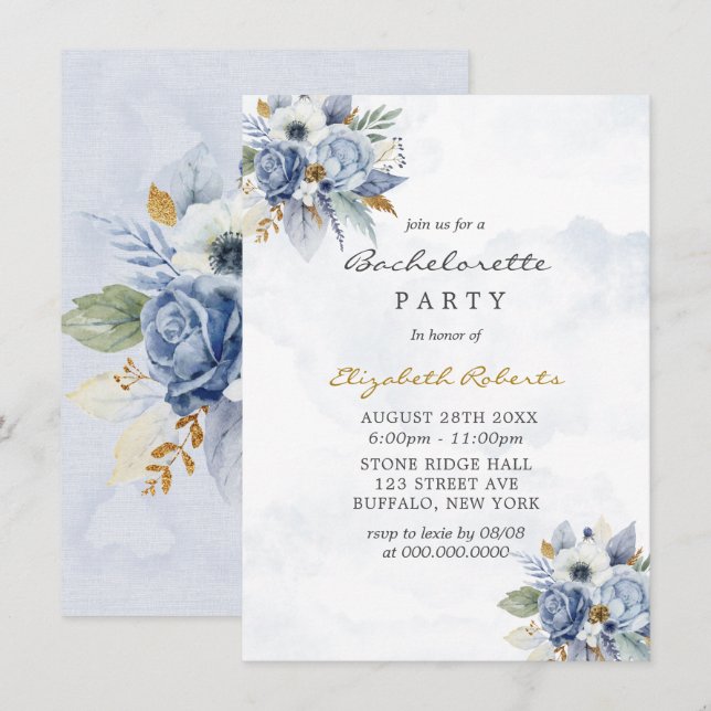 Dusty Navy Blue Gold Peony Chic Junggeselinnen-Abs Einladung (Vorne/Hinten)