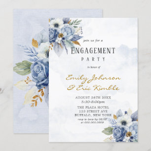 Dusty Navy Blue Gold Peony Engagement Party Einladung