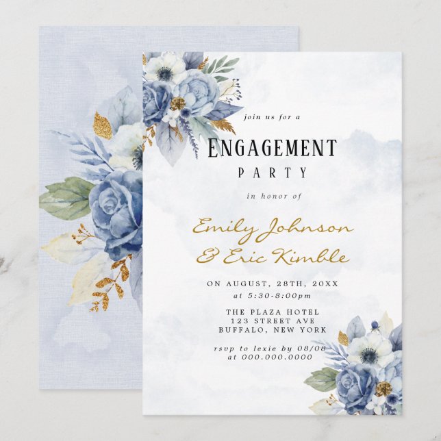Dusty Navy Blue Gold Peony Engagement Party Invita Einladung (Vorne/Hinten)