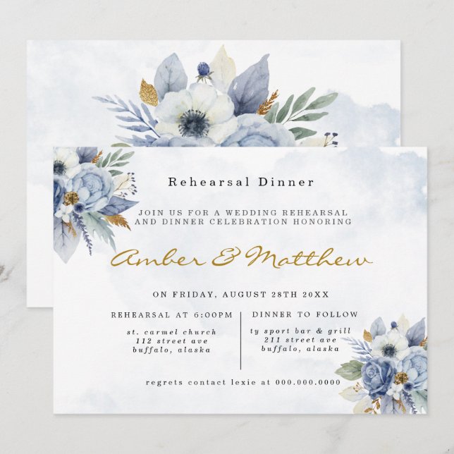Dusty Navy Blue Gold Peony Probe Dinner Invita Einladung (Vorne/Hinten)