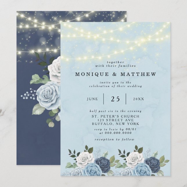Dusty Navy Blue Peony Country Lights Hochzeit Einladung (Vorne/Hinten)