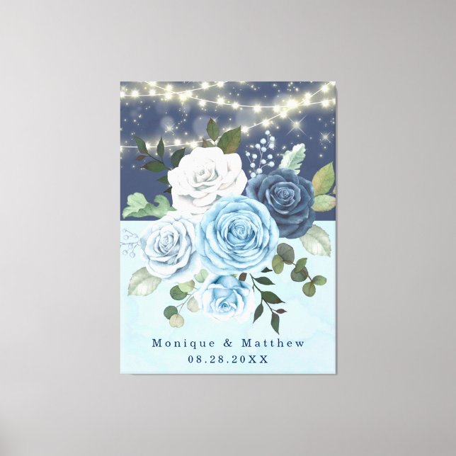 Dusty Navy Blue Peony Country Lights Hochzeit Leinwanddruck (Vorderseite)