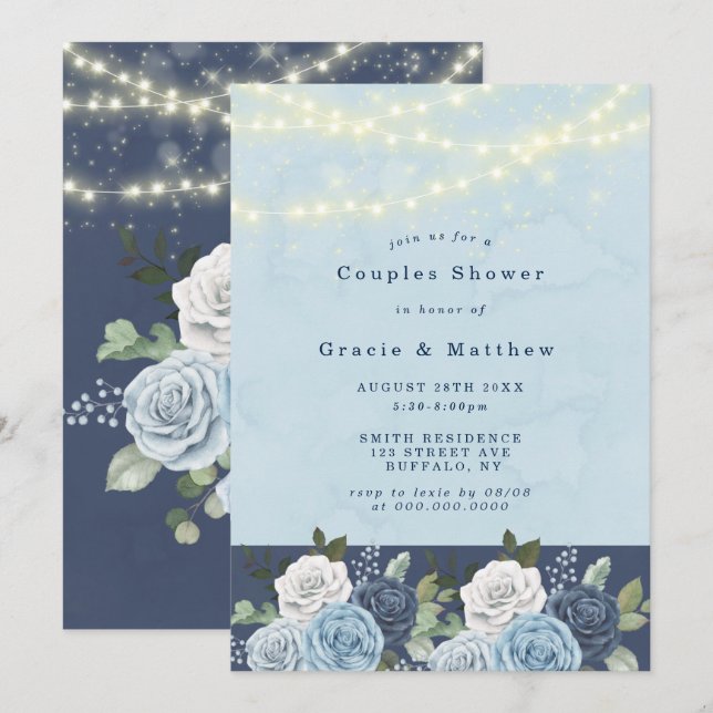 Dusty Navy Blue Peony Lights Paare Dusche einladen (Vorne/Hinten)