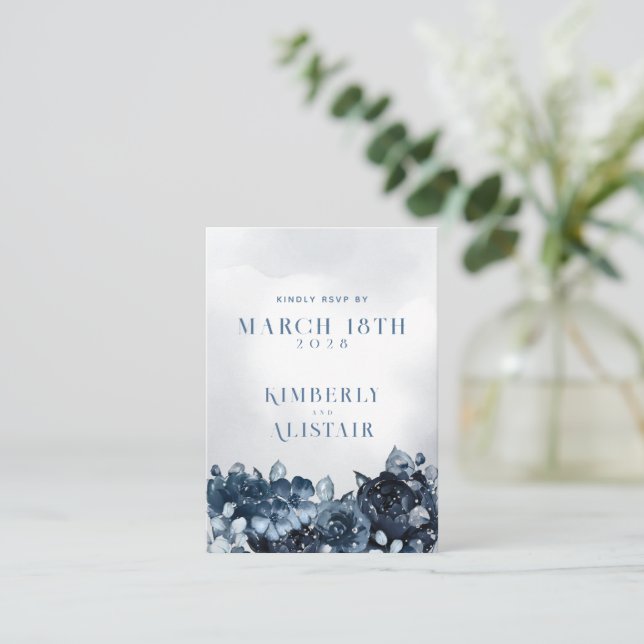 Dusty Navy Blue Peony Wedding Online RSVP Card Visitenkarte (Stehend Vorderseite)