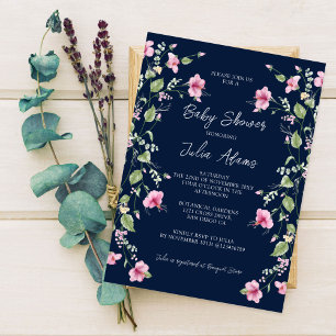 Dusty Navy Blue Pink Hibiskus Bloom Baby Dusche Einladung
