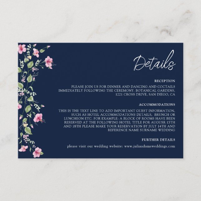 Dusty Navy Blue Pink Hibiskus Bloom Polterabend Begleitkarte (Vorderseite)