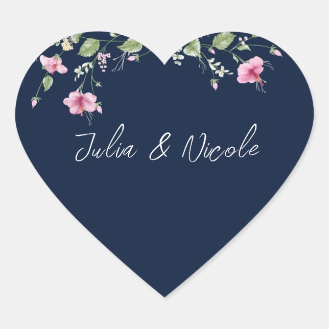 Dusty Navy Blue Pink Hibiskus Bloom Polterabend Herz-Aufkleber (Vorderseite)