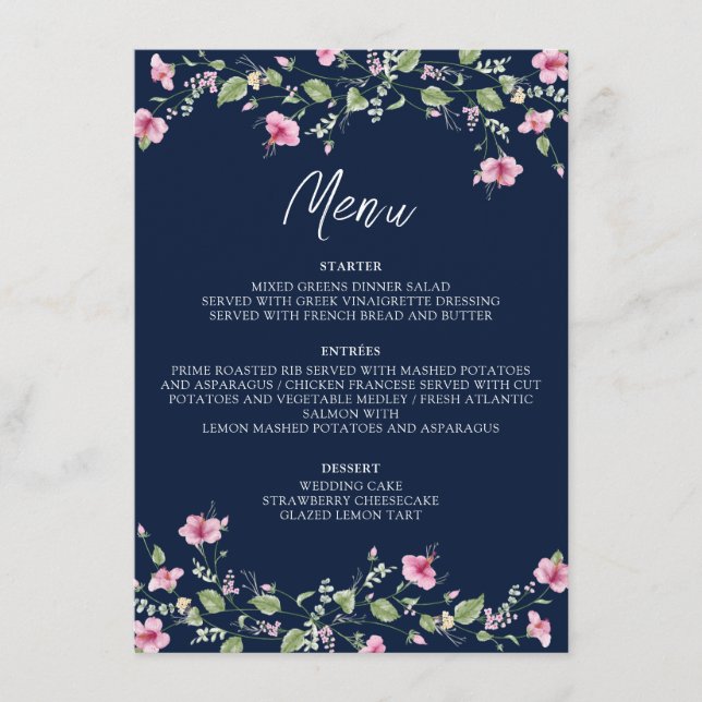 Dusty Navy Blue Pink Hibiskus Bloom Polterabend Menükarte (Vorderseite)