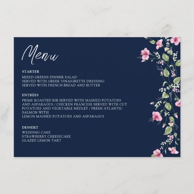 Dusty Navy Blue Pink Hibiskus Bloom Polterabend Menükarte (Vorderseite)