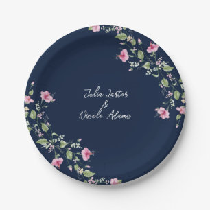 Dusty Navy Blue Pink Hibiskus Bloom Polterabend Pappteller