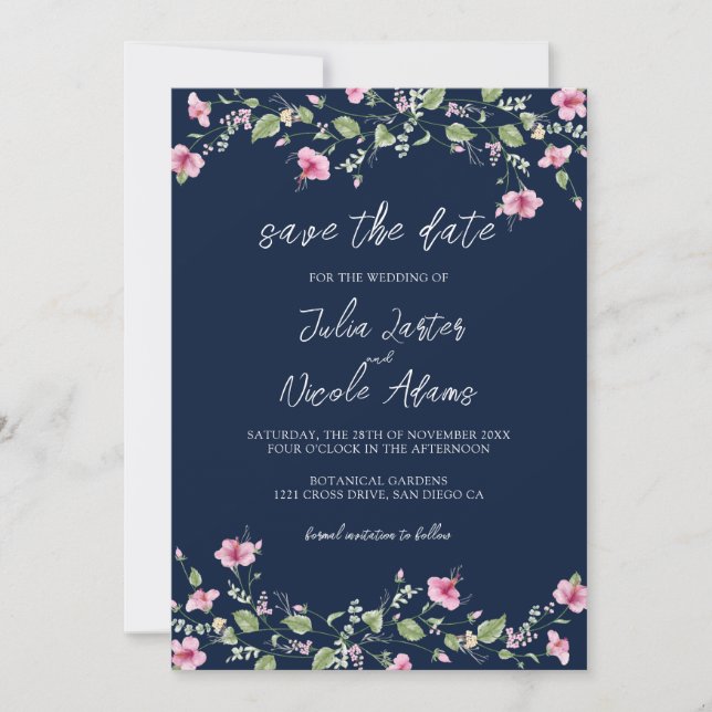 Dusty Navy Blue Pink Hibiskus Bloom Polterabend Save The Date (Vorderseite)