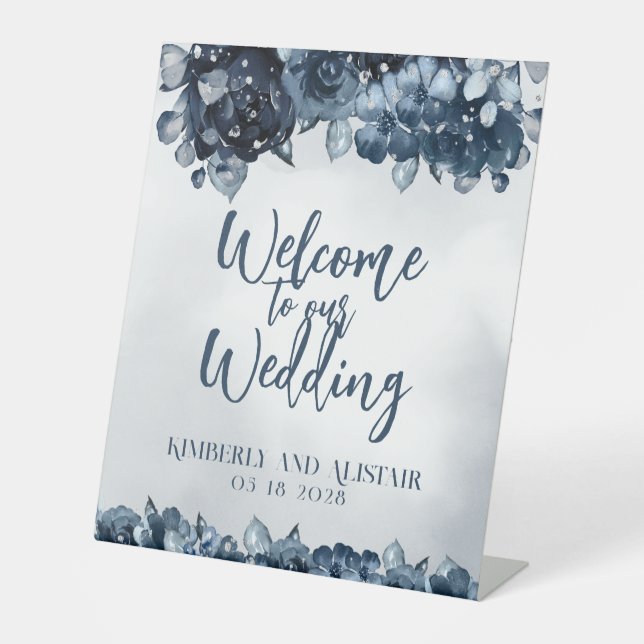 Dusty Navy Blue Silver Herzlich willkommen bei uns Sockelschild (Vorderseite)