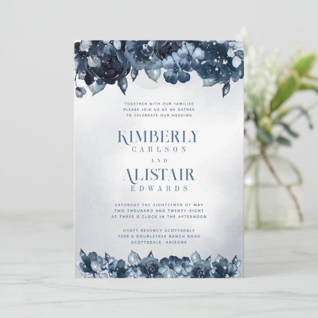 Dusty Navy Blue Silver Wedding Einladung (Stehend Vorderseite)