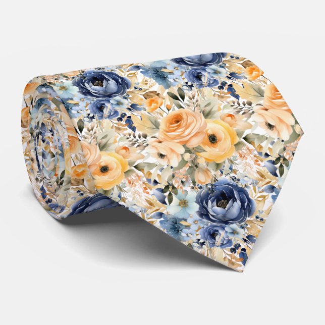 Dusty Navy Blue und Peach Rose Blume Blumenmuster Krawatte (Gerollt)